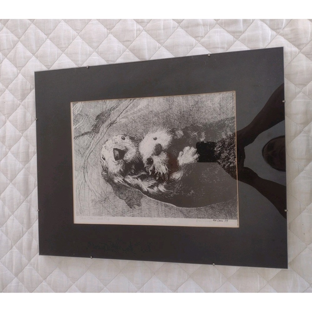 1974 RW Cooke Etching Woodblock Engraving PAINTING Otters MID CENTURY Bill  MCM